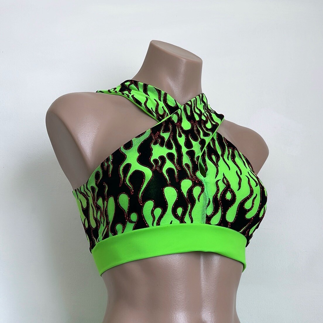Schminke 🔥 Flames fire crop top ethereal pole dance wear mesh spandex UV neon