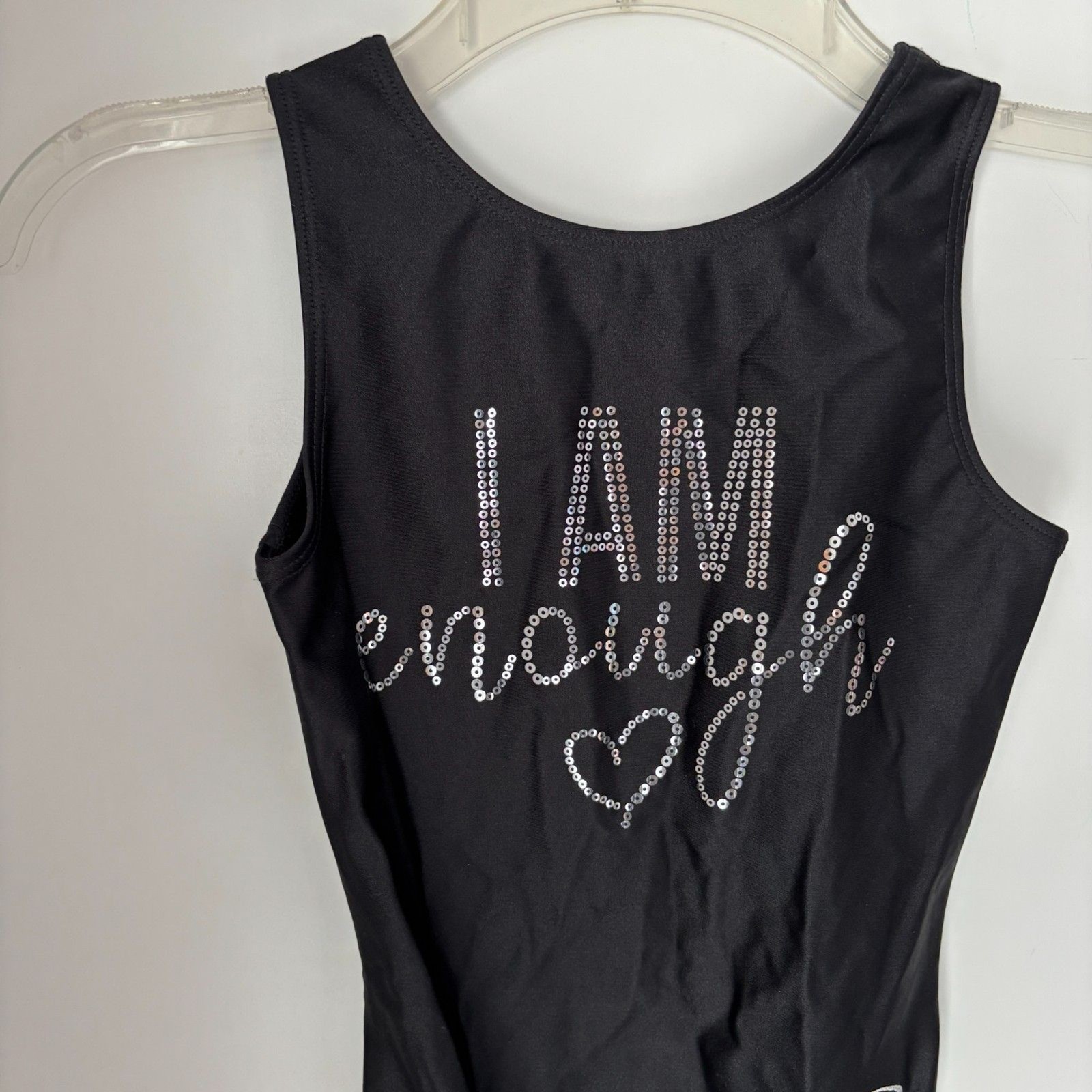 OZONE Gymnastics Athletic Leotard Size AS Black Silver Sequin I AM ENOUGH #1