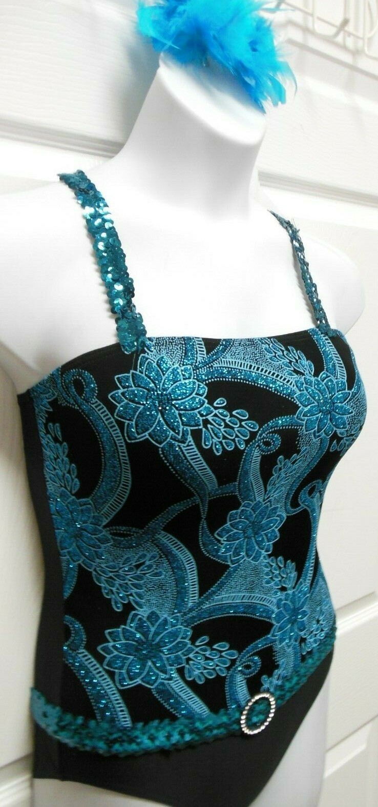 Dance Costume Leotard Turquoise glittered slinky Ladies Medium Sequin trim