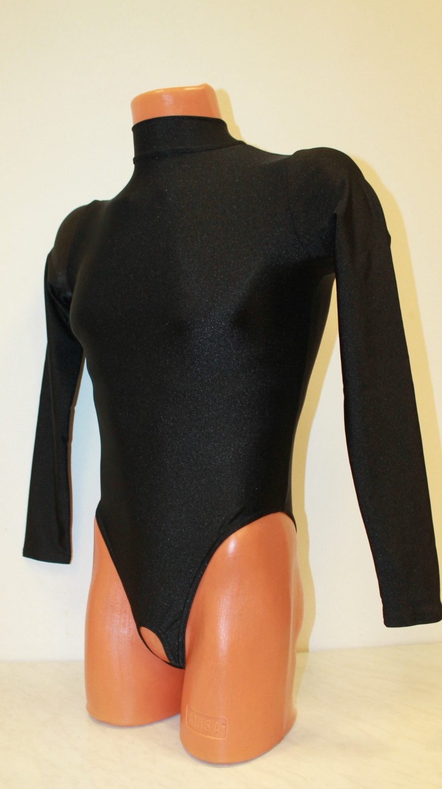 Men Thong Leotard 159-57 High Collar Open Front Hole Crotch Black Spandex Size L