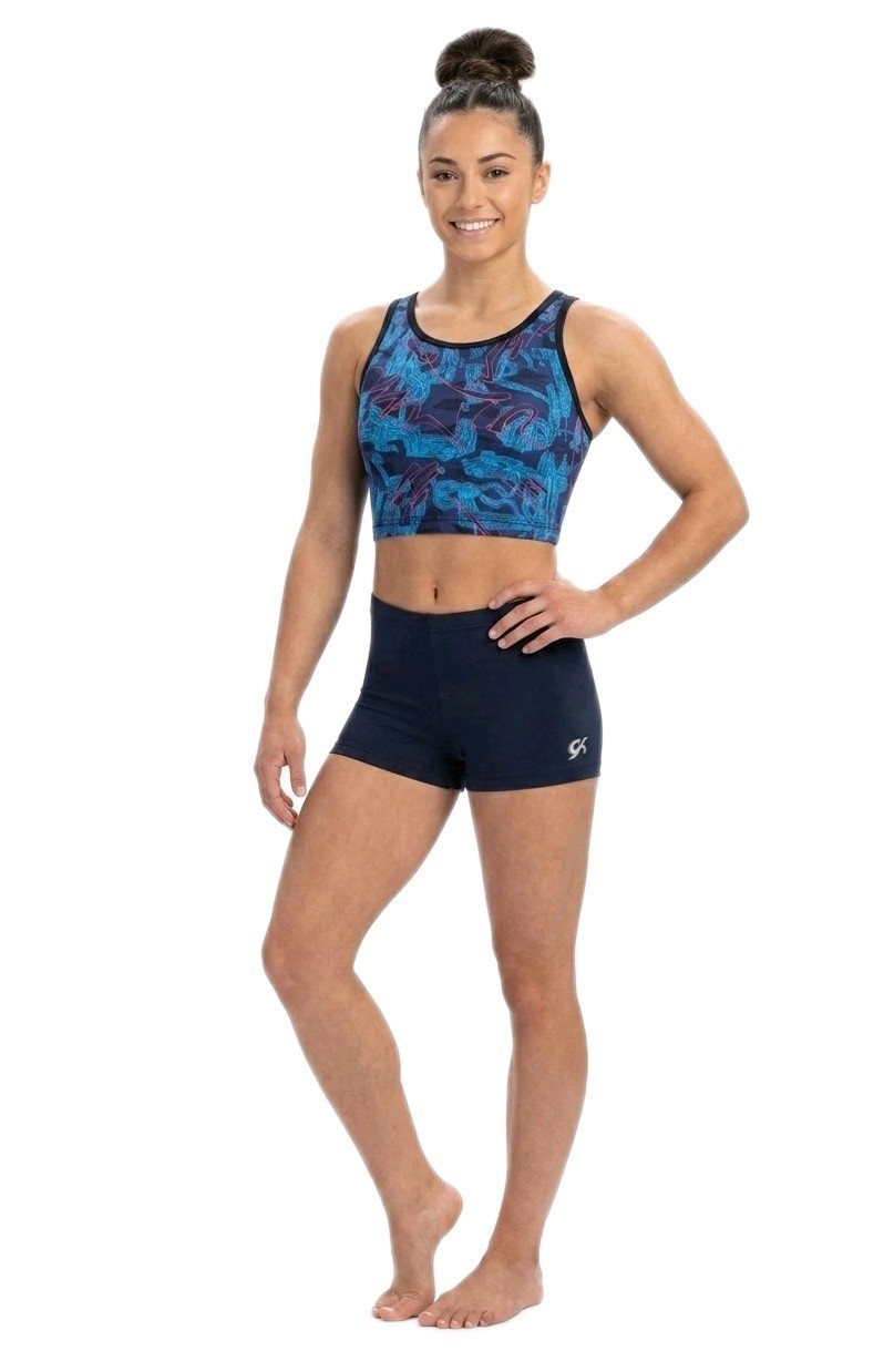 GK Elite VTG 2pc Gymnastics Shorts + Longline Sport Bra Set Logo Navy Blue Sz AS