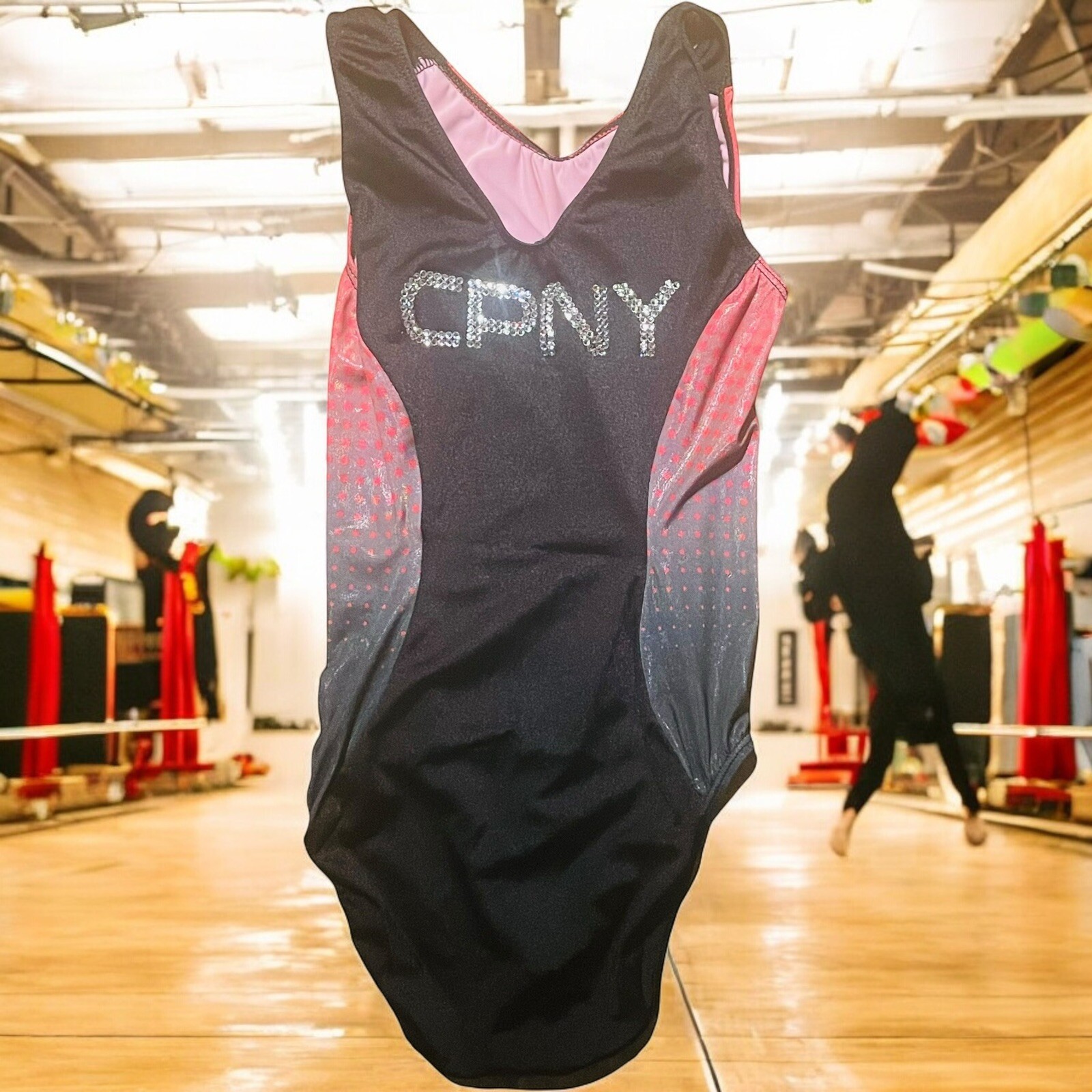 GK Elite CPNY Rhinestone LEOTARD Gymnastics Dance Black Red Dots Adult S