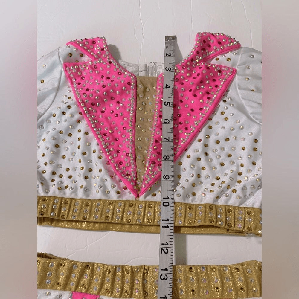 Glamour Solo Dance Costume Elvis 2 Piece White Pink Rhinestoned SA Adult Jazz
