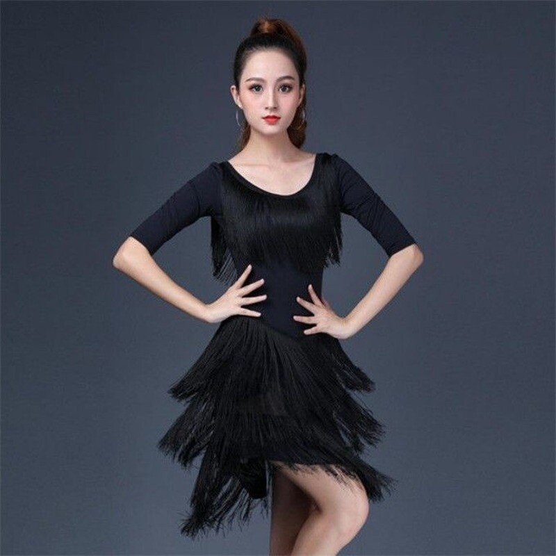 Women Tassel Dance Dress Latin Salsa Ballroom Tango Dancewear Black Red Fashion