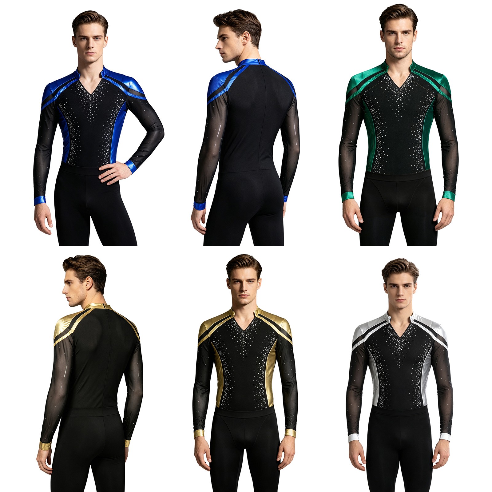 US Men Bodysuit Dancing Dance Leotard One-Piece Figure Skating Rhinestone Latin