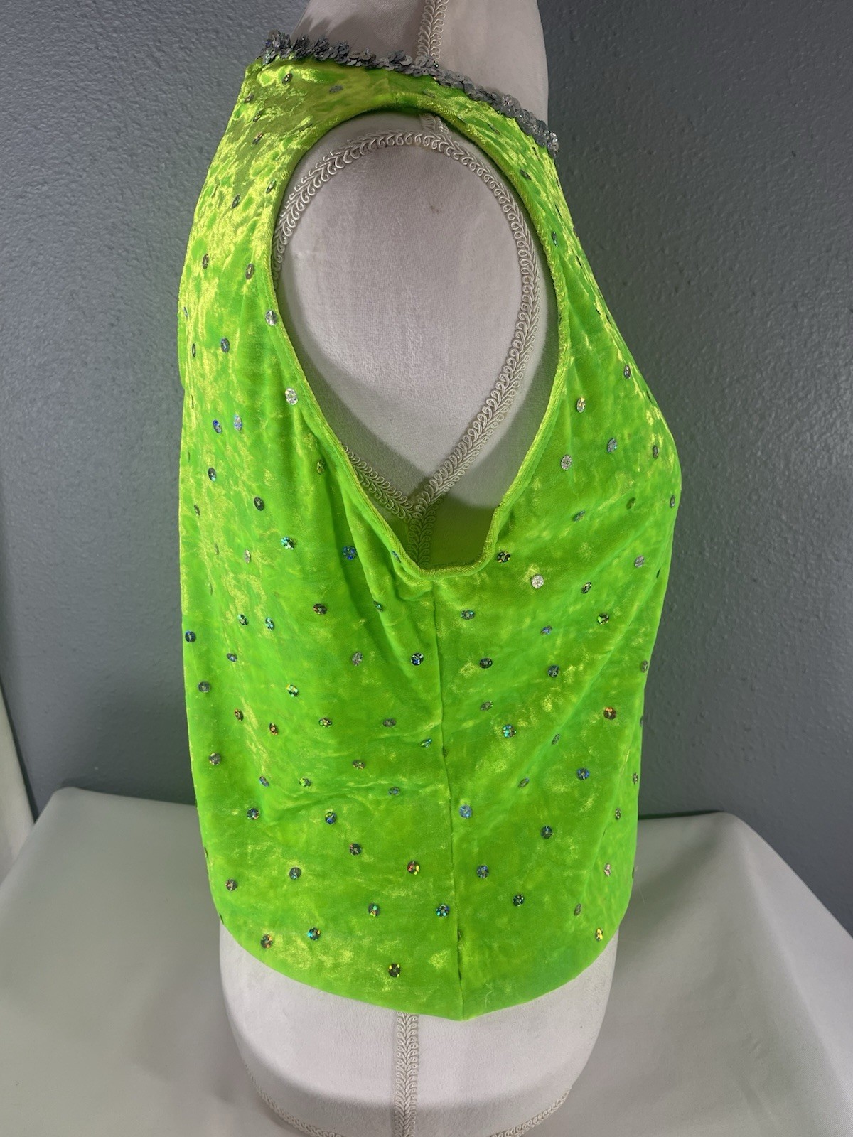 Dance Ice Skating Costume Shirt Sequins Size XL Adult Stretch Top Lime Green