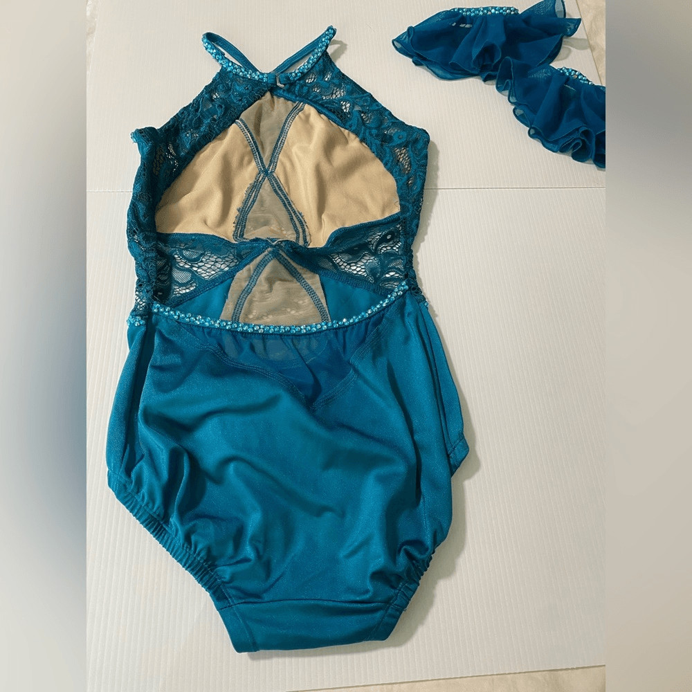Custom solo Dance Costume teal aqua blue rhinestone Leotard SA-Small adult