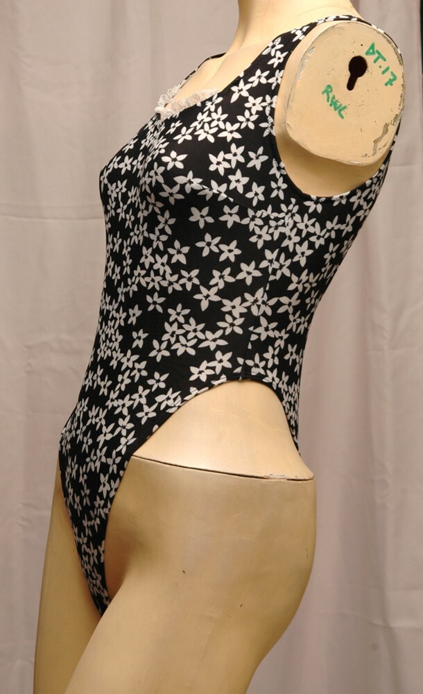 Black with White Flower Spandex Thong Leotard for Women size 10 Small