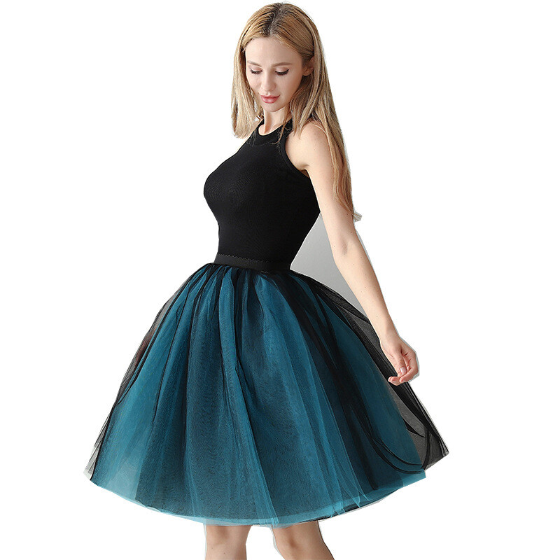 Women Dance Skirt Tutu Pleated Mesh Tulle Midi Knee Length 7 Layers Party