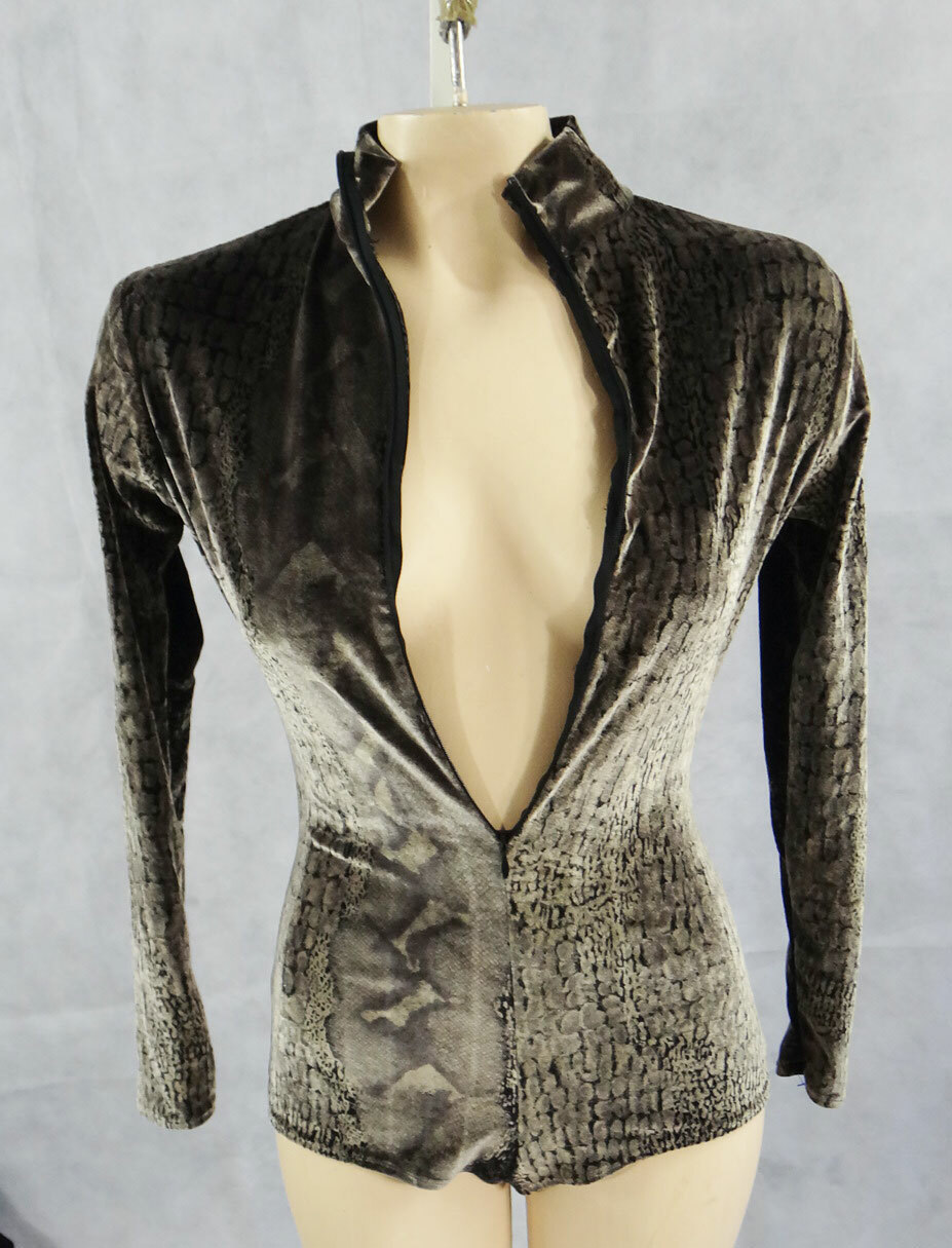 Velvet leotard dancewear long sleeve singlet SMALL Je TAIME snake skin front zip