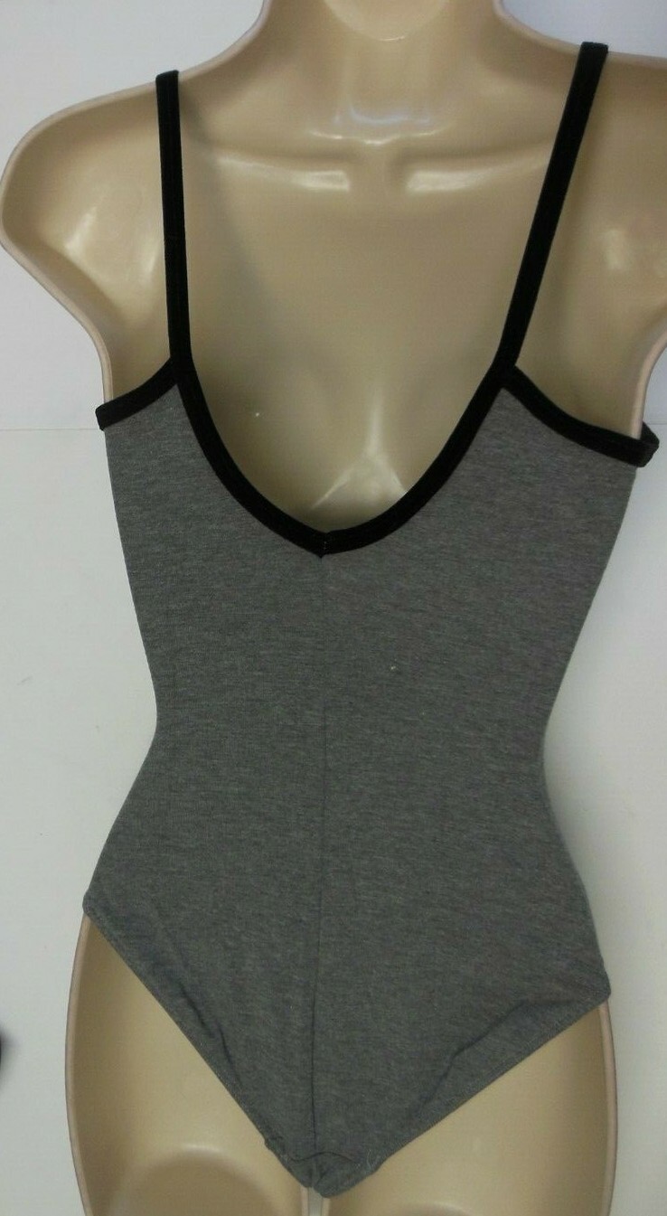 CottonSpandex Camisole leotard v back velvet trim Heather gray ladies sizes