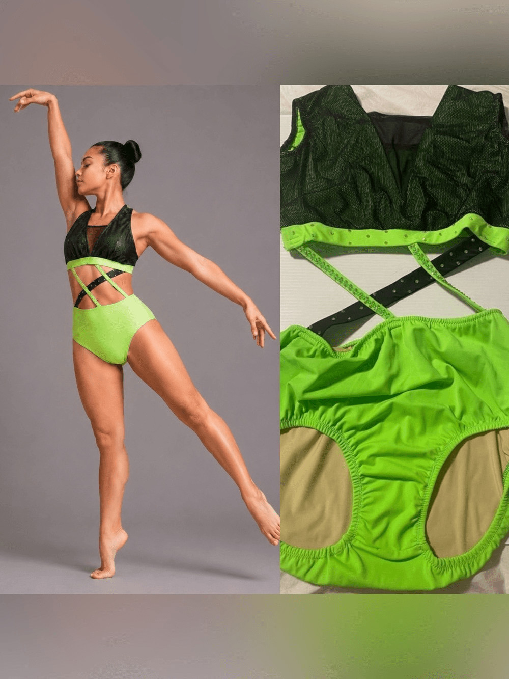 Custom dance solo costume neon green black 2 piece contemporary acro MA LA adult