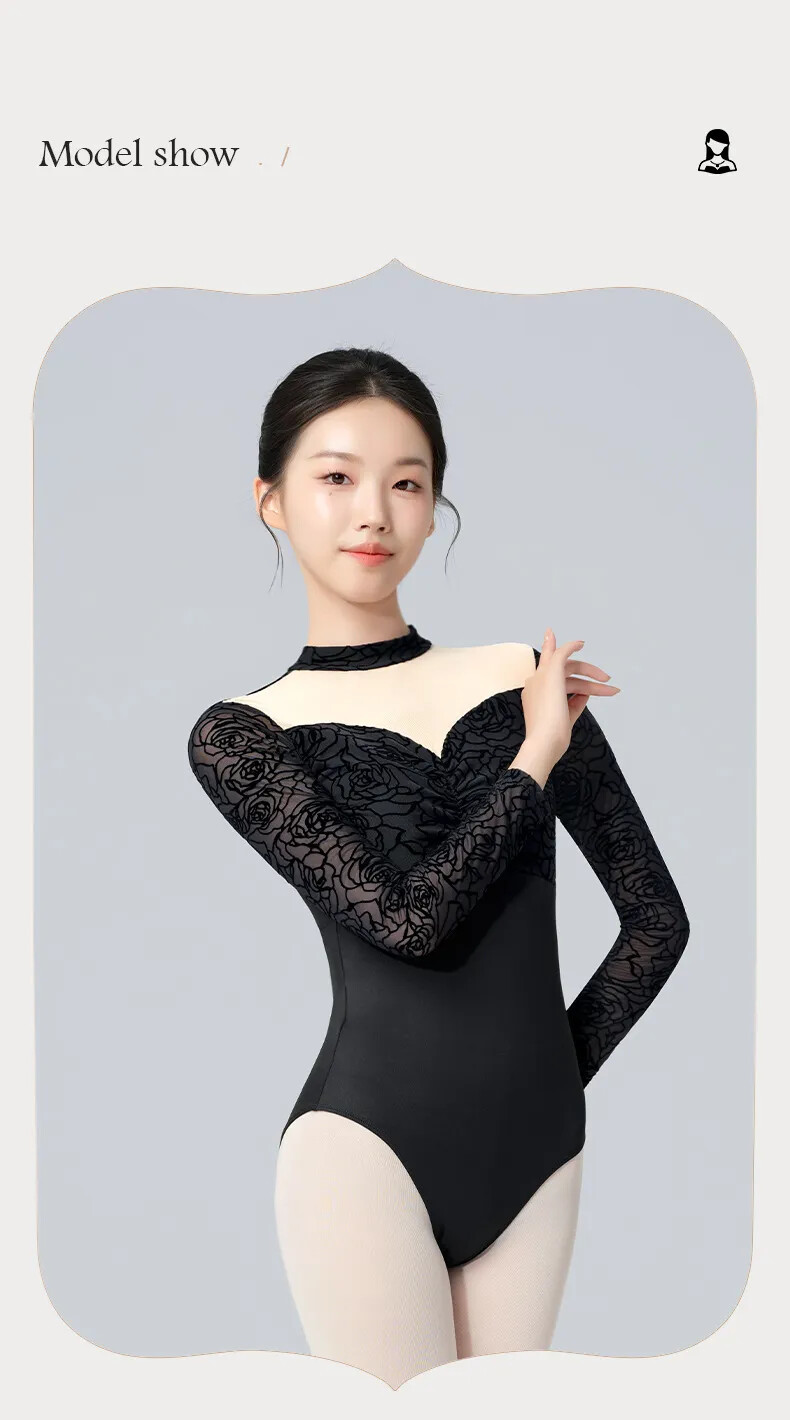 Ballet for Women Adult Black Lace Gymnastics Aerialist Long Sleeve Dance