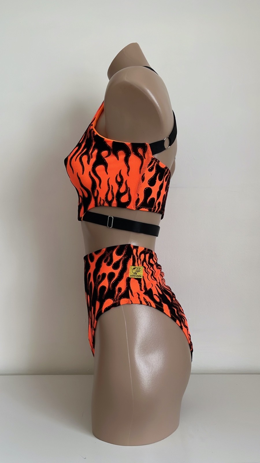 Schminke 🔥 Flames fire pole dance wear mesh UV neon halter crop top & bottoms