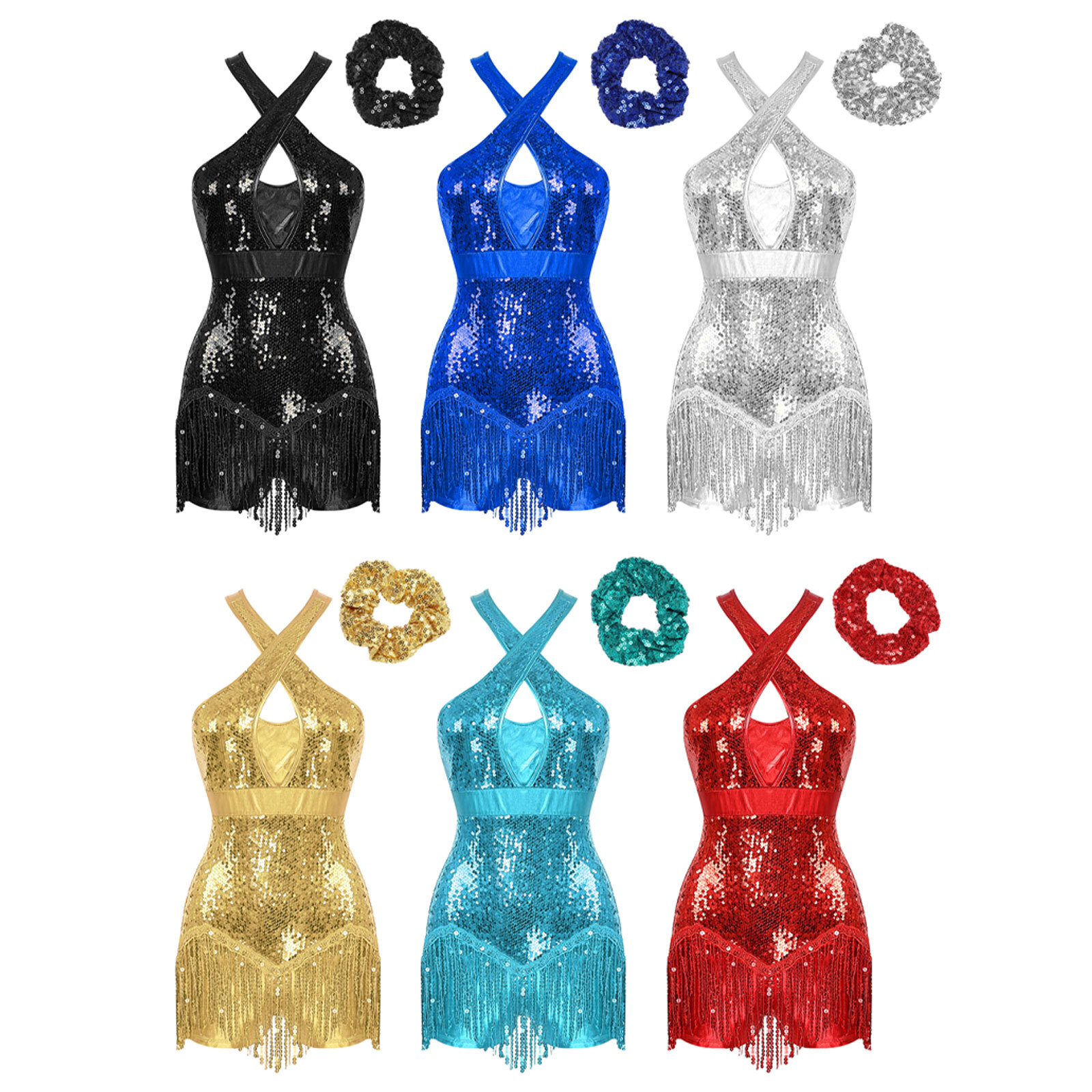 Women Costume Ballroom Leotard Fringe Dancewear Glitter Dress Samba Rumba Prom