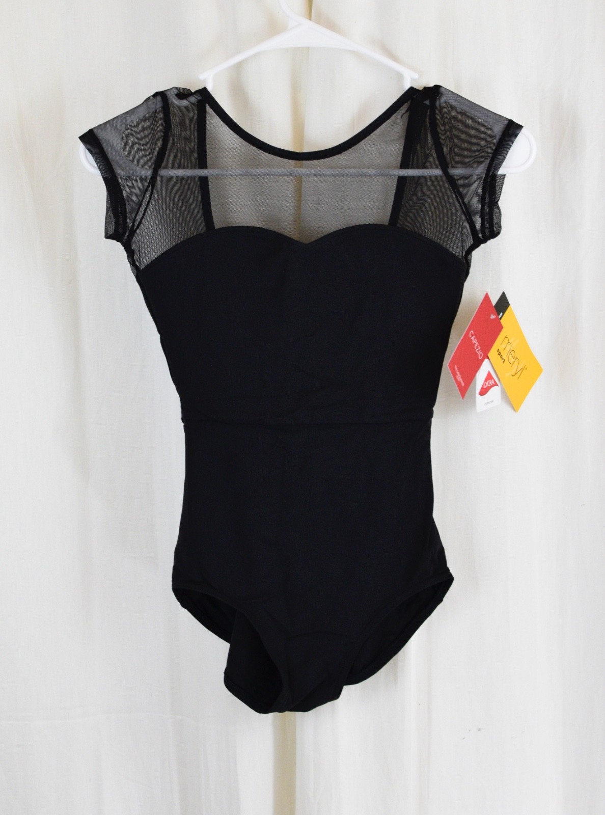 Capezio Women S Meryl Mesh Yoke Short Sleeve Leotard Black Size X-Small