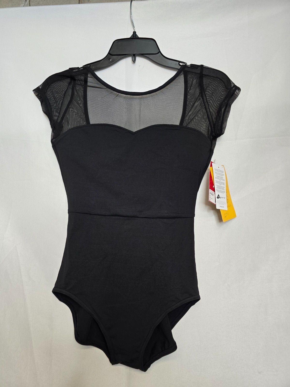 NWT Capezio Womens Black Meryl Mesh Yoke Short Sleeve Ballet Leotard Size M