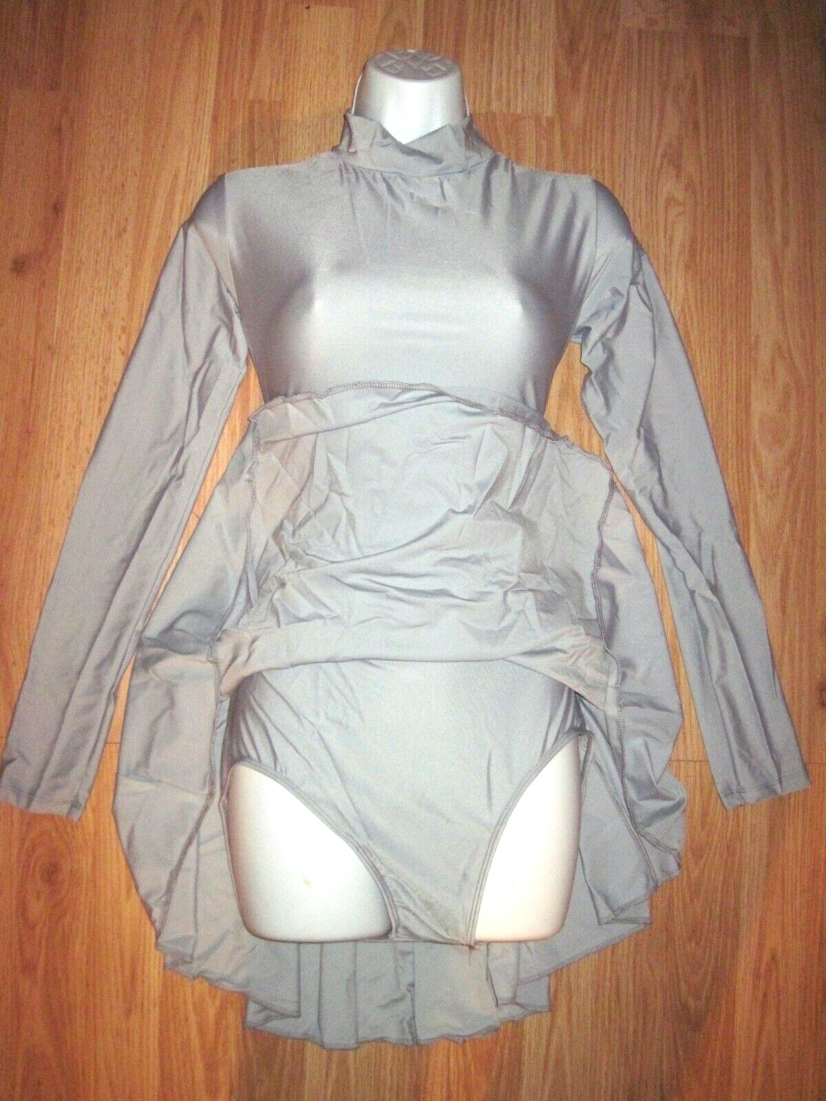 Plus Size Shiny Gray Spandex Leotard Dress Long Sleeve T-Neck Sz 3XL 18-20 New