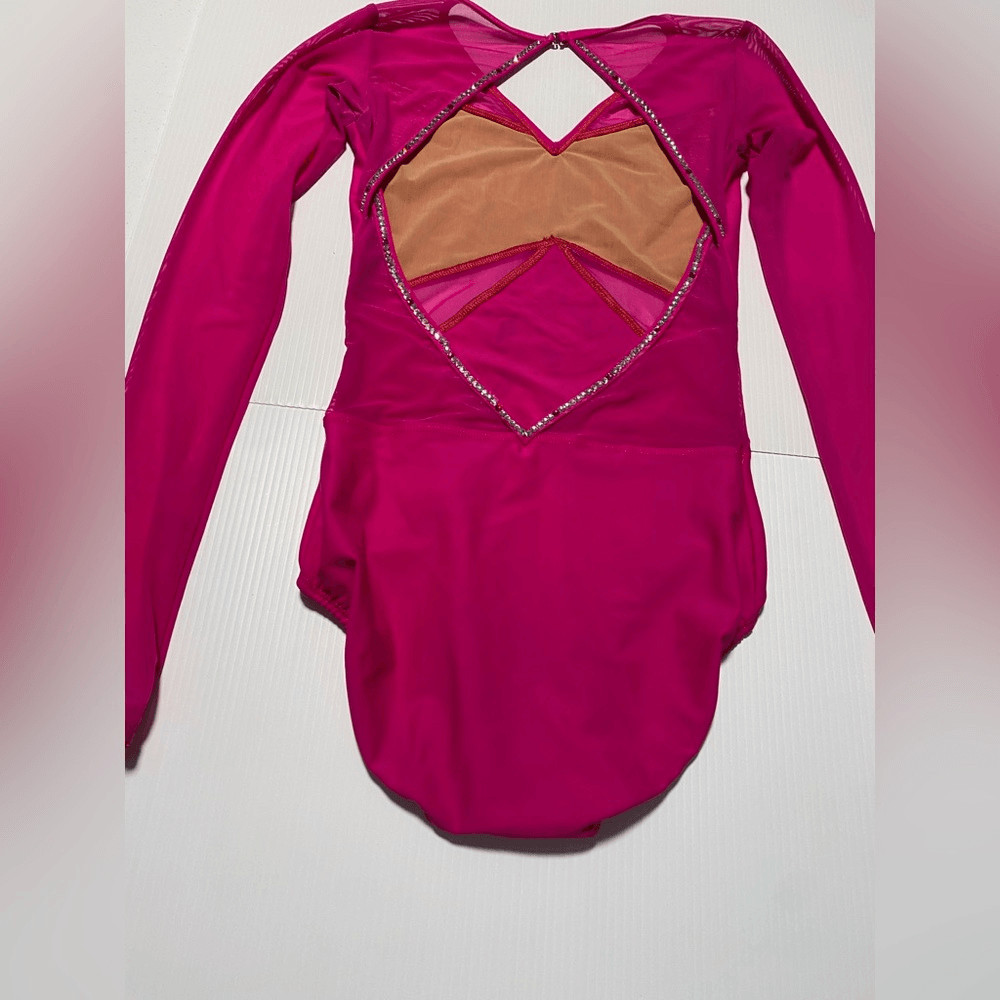 Custom made solo dance costume hot pink rhinestone long sleeve leotard XSA adult