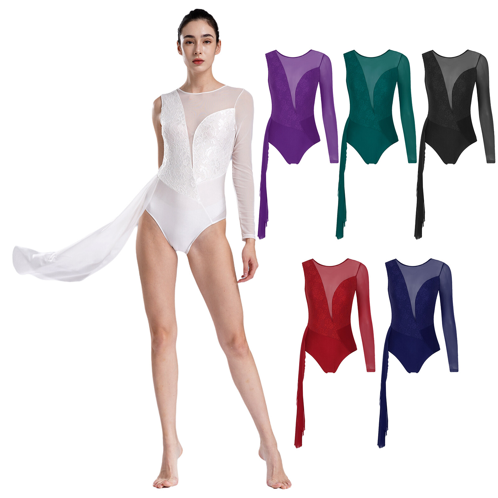 Womens Lyrical Dance Floral Lace Patchwork Leotard Stage Performance Bodysuit