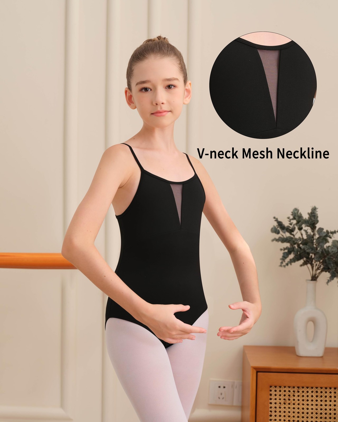 WYHDY Ballet Leotard for Girls 14Y(12-14 Years), Black（v-shaped Fine Mesh）