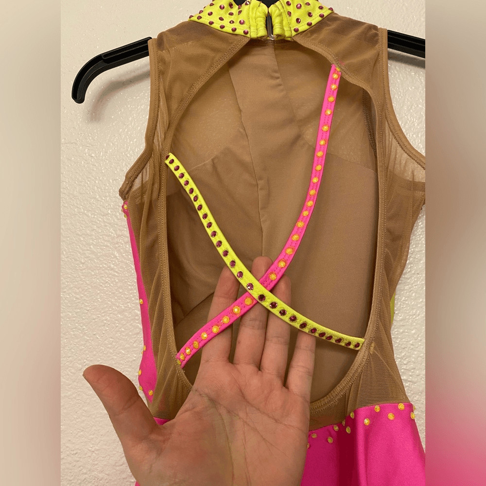 Patrick J dance custom Solo neon pink yellow gravity leotard bedazzled MA adult