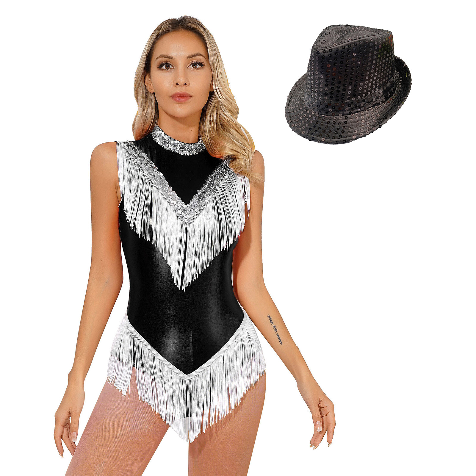 Womens Dance Outfit Ballet Bodysuit Tango Leotard With Hat Sparkle Dancewear