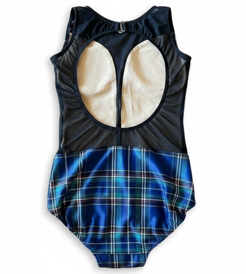 Ilogear Adult XS Plaid Dance Gymnastics Leotard Blue Black Open Back
