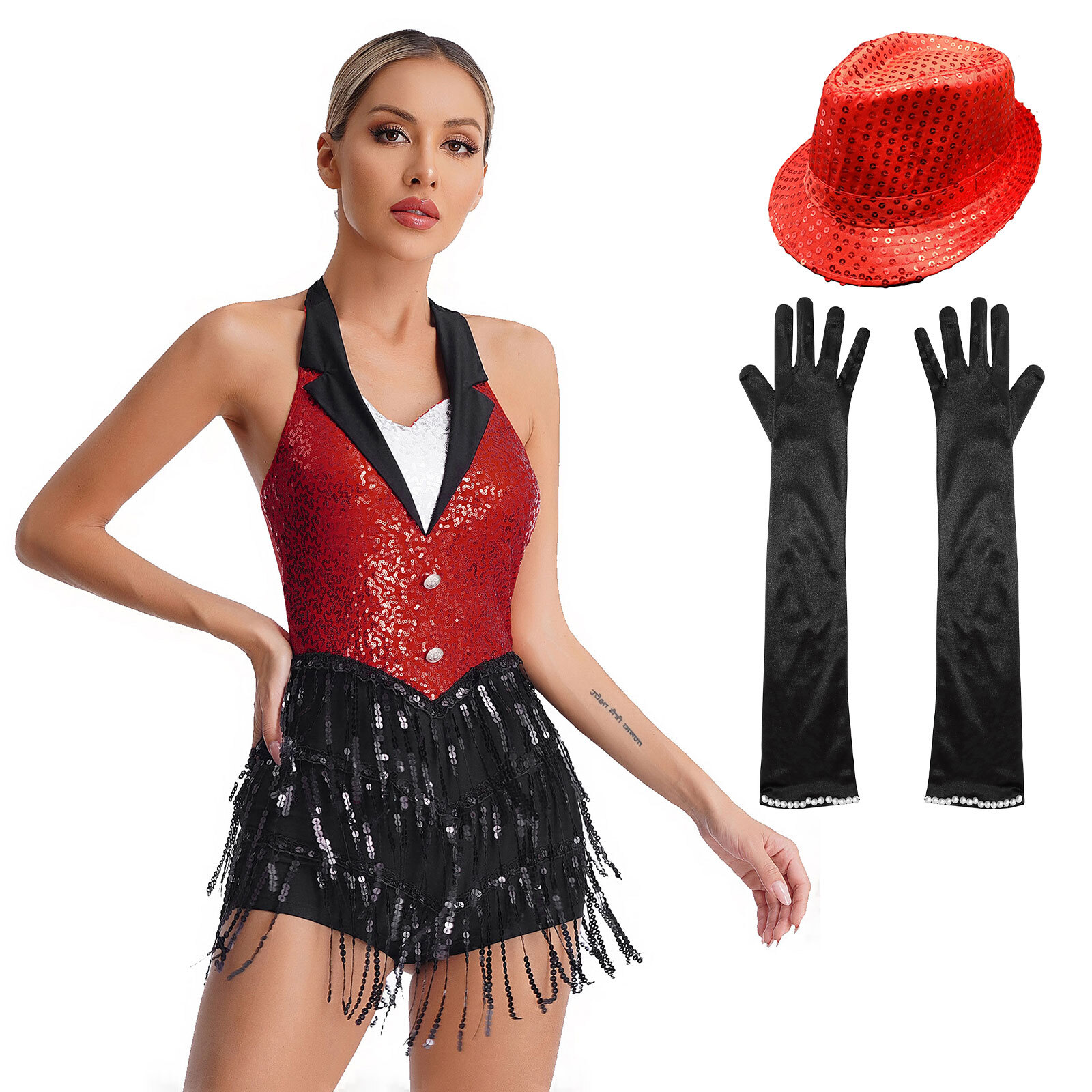 Women Sequins Tassel Latin Dance Dress Leotard Rumba Jazz Outfit with Gloves Hat