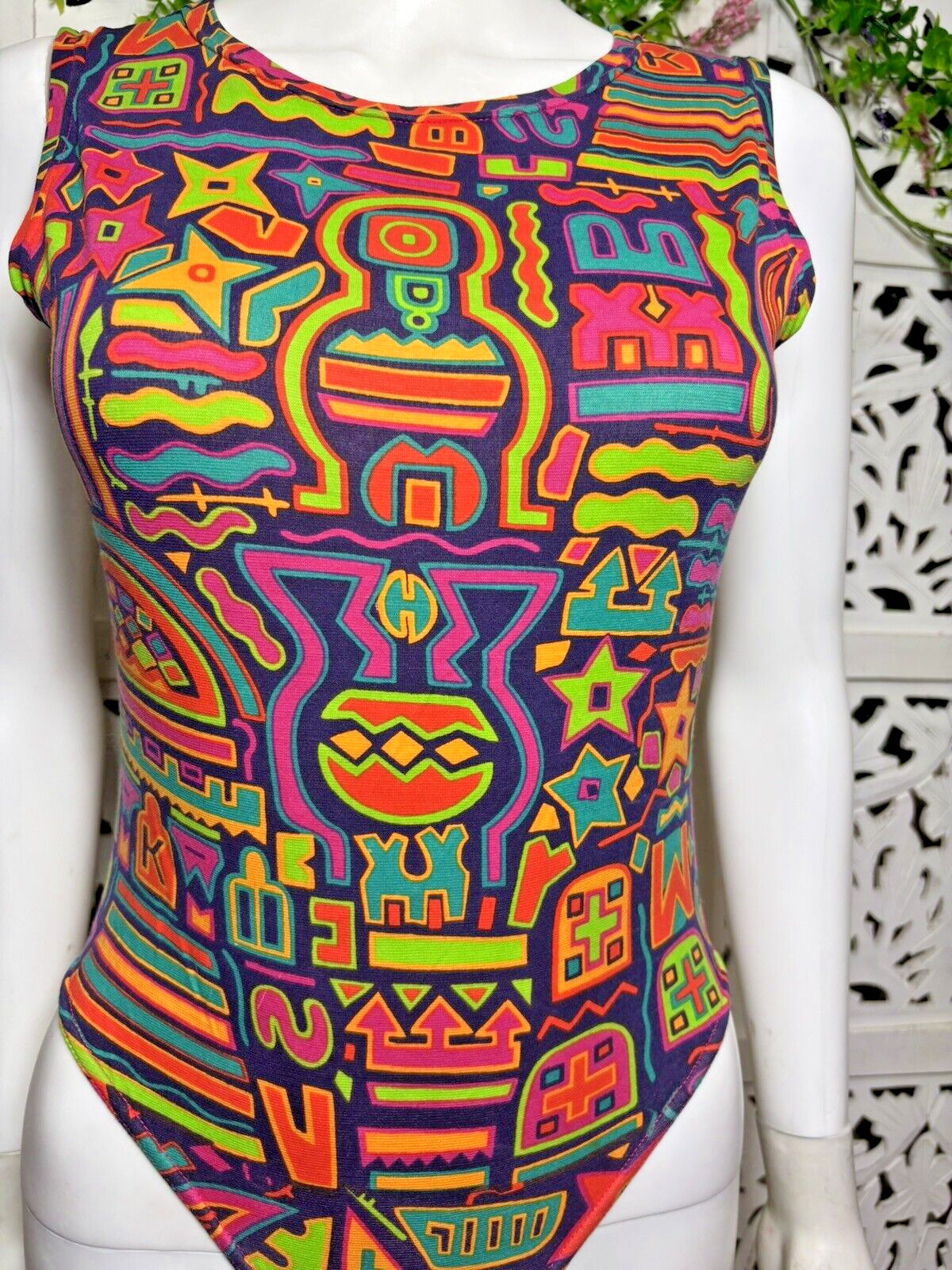 Vintage 80s 90s Anne Klein II Neon Abstract Bodysuit Exercise Gym Leotard Small