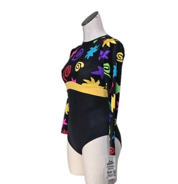 Body Wrappers Vintage 80s Open Back LS Colorful Leotard Dance Preteen Adult XS/S