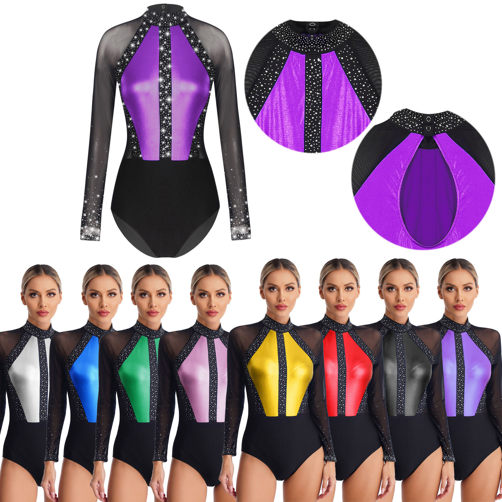 US Women’s Sparkling Color Block Dance Leotard Long Sleeve Bodysuit Dancewear