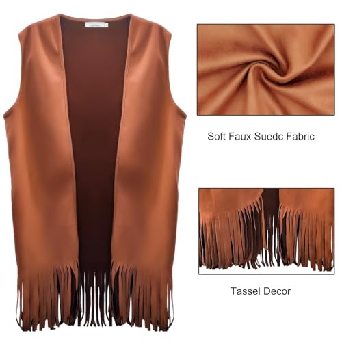 Hippie Costume for Men 60s 70s Fringe Vest Carnival Party Tassel Medium Brown