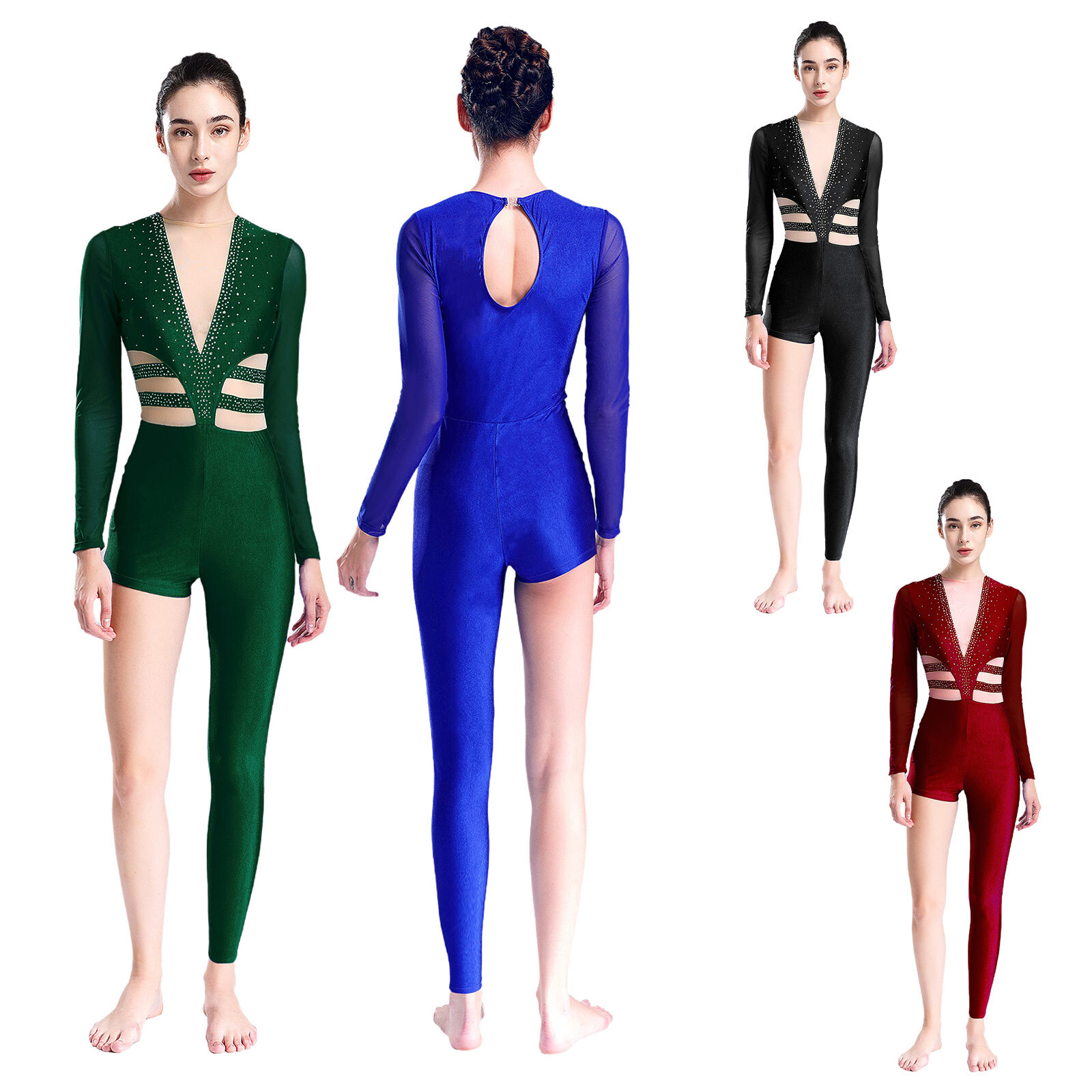 US Womens Ballet Jumpsuit Shiny Rhinestones Gymnastics Long Sleeve Dancewear