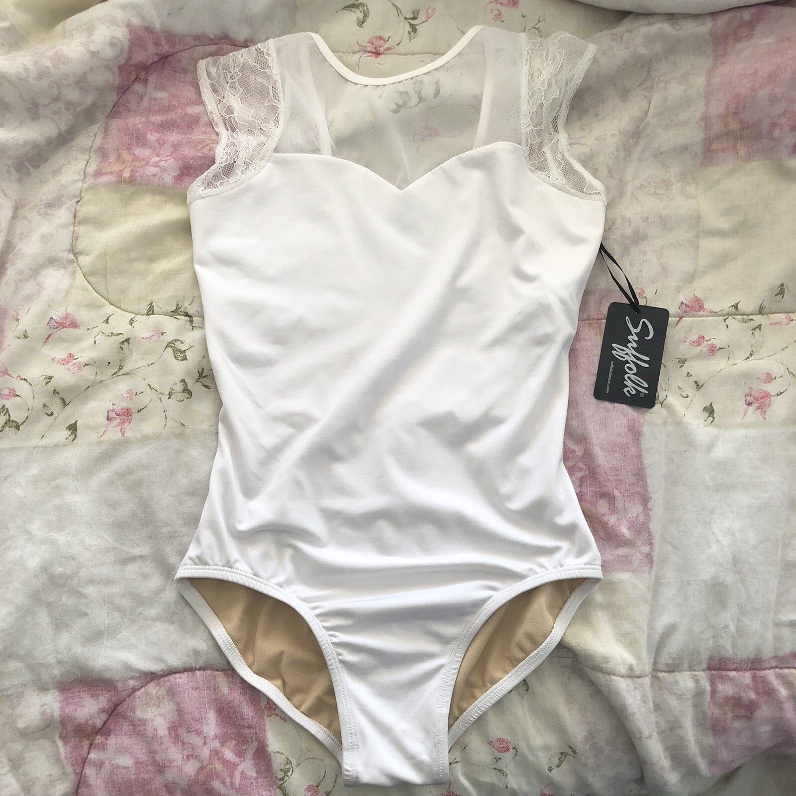 NWT Suffolk Dance Ballet Audrey Cap Sleeve Lace Leotard Large