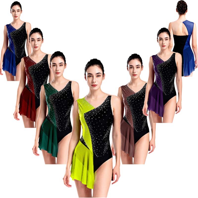 US Womens Color Block Lyrical Ballet Dance Leotard Dress Figure Skating Dress