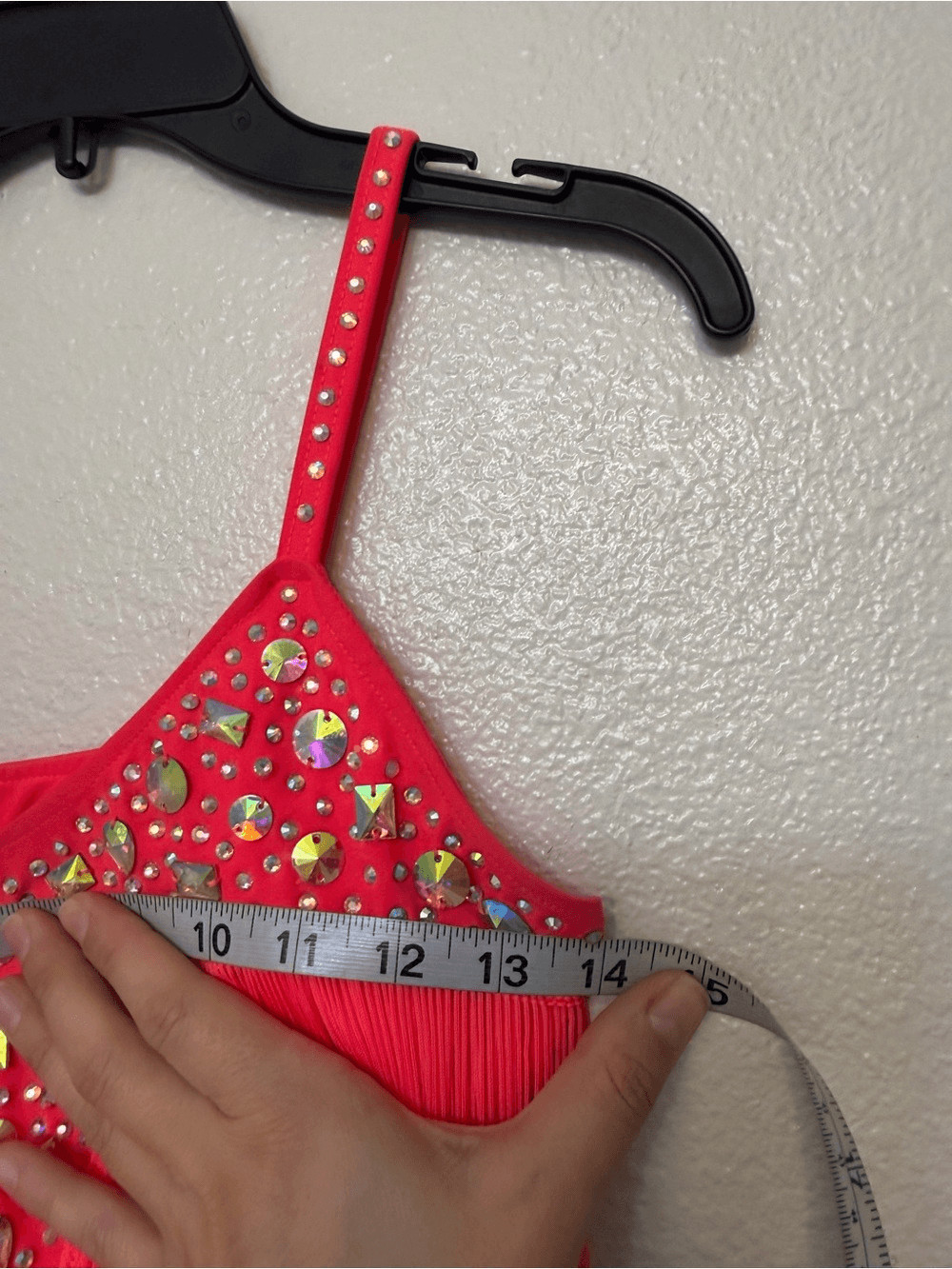 Glamour dance costume coral fringe gems rhinestone embellished SA-Small adult