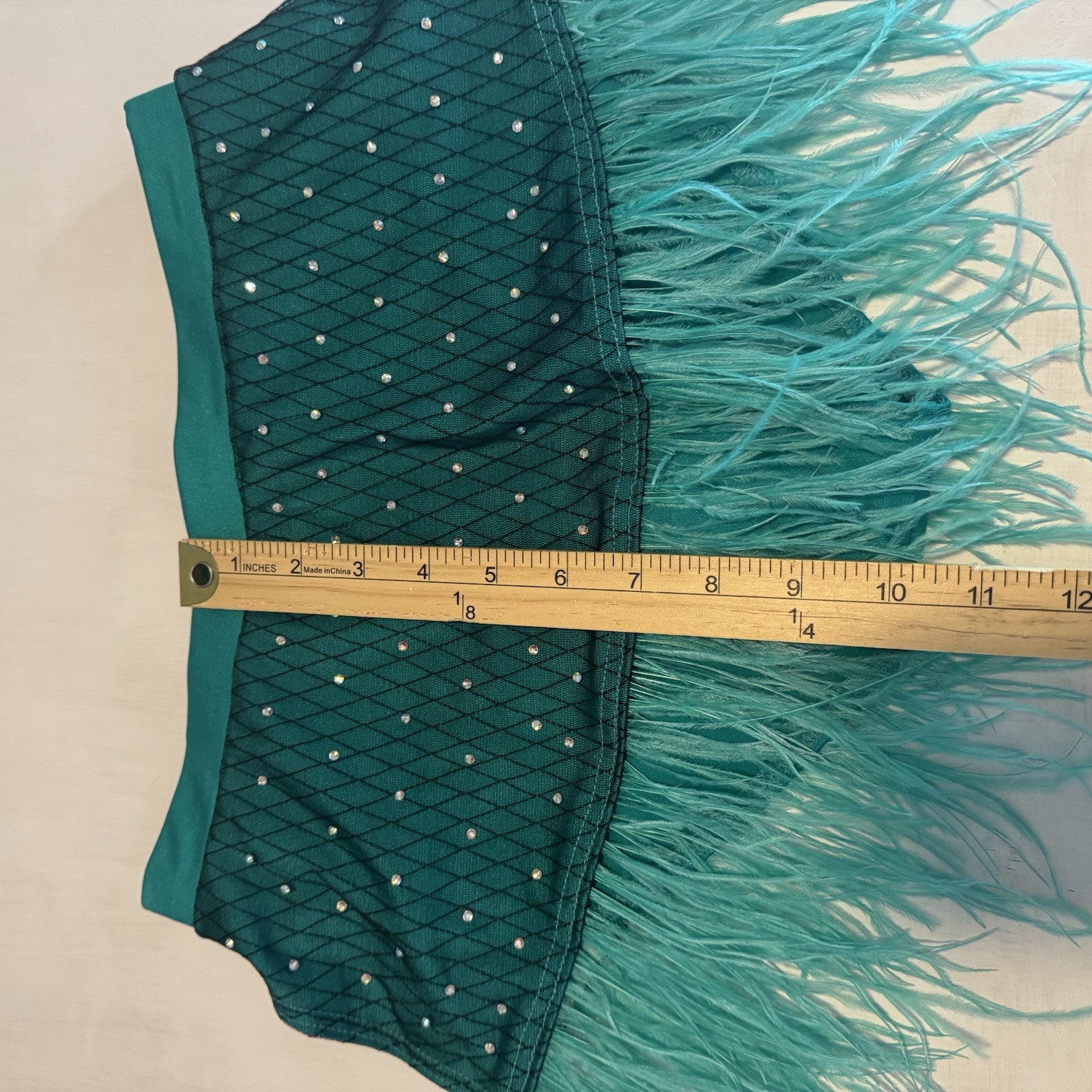 Weissman Elite Dance Costume SA Rhinestones & Ostrich Feathers Teal Bow 2pc Set