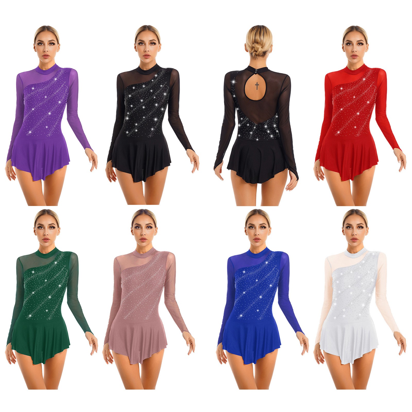 US Women’s Glitter Long Sleeve Dance Leotard Dress Figure Ice Skating Dress