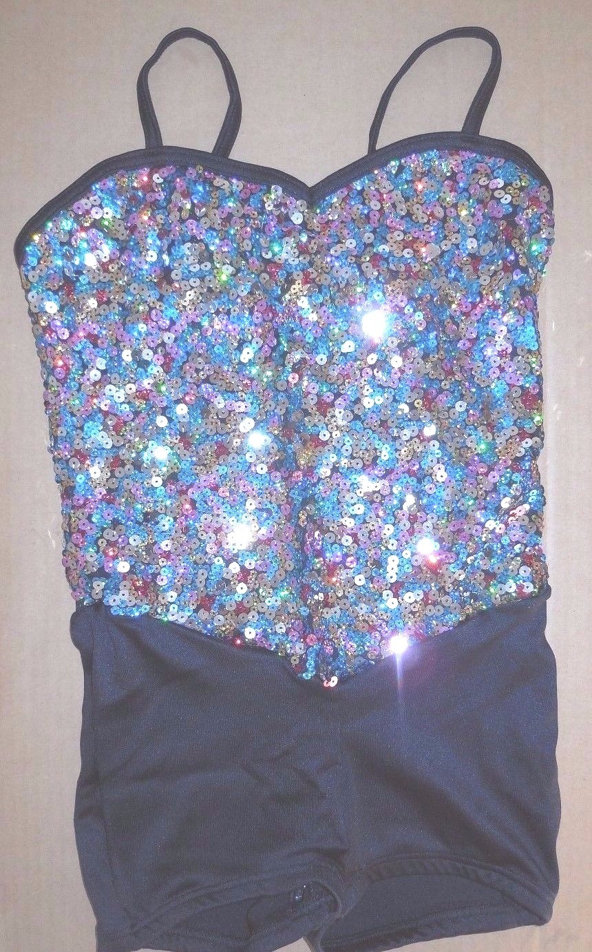 Silver Multicolor Sequin Shorty Unitard Boycut Leotard Dance over 40 available