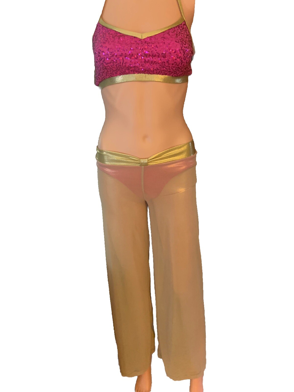 DANCE Med Contemporary Lyrical 2 Pc Mesh Pants sequin bra, top, gold, fuchsia