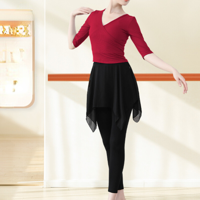 2PCS Women Dance Set V Neck Half Sleeve Top and Culotte Ballet Latin Dancewear