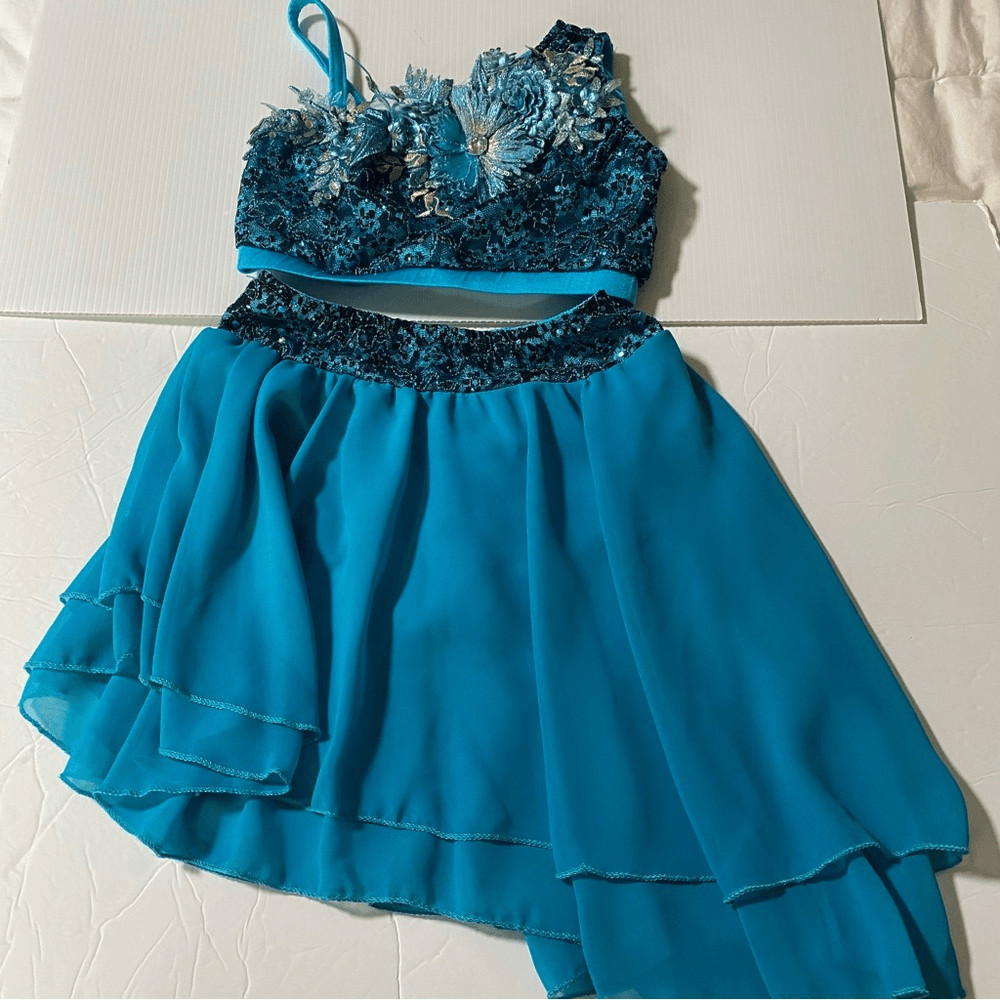 Glamour solo dance costume 2 piece teal blue embellished XLC-Extra large child