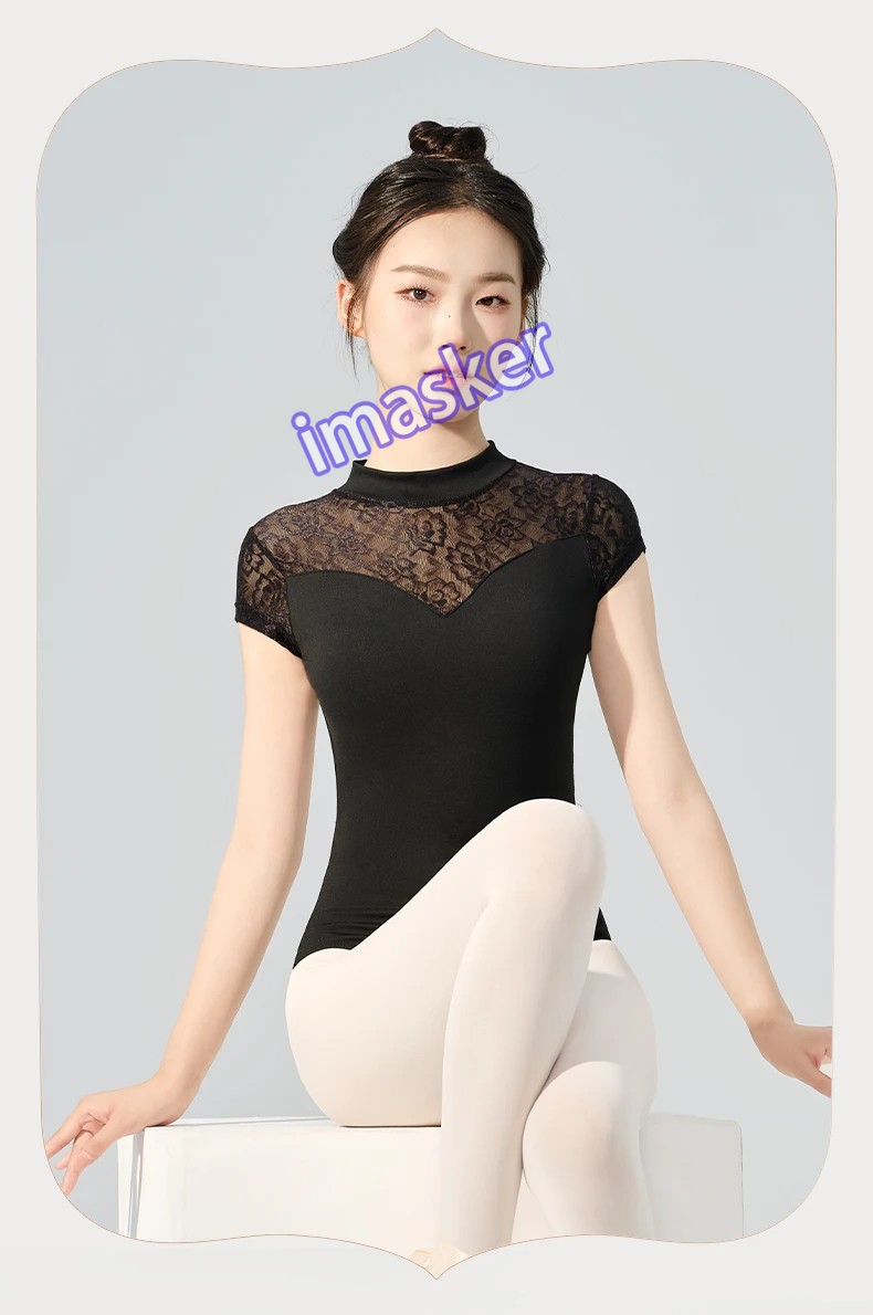 Women Ballet Adult Lace Splice Gymnastic Leotard Short Sleeve Dance Leotards