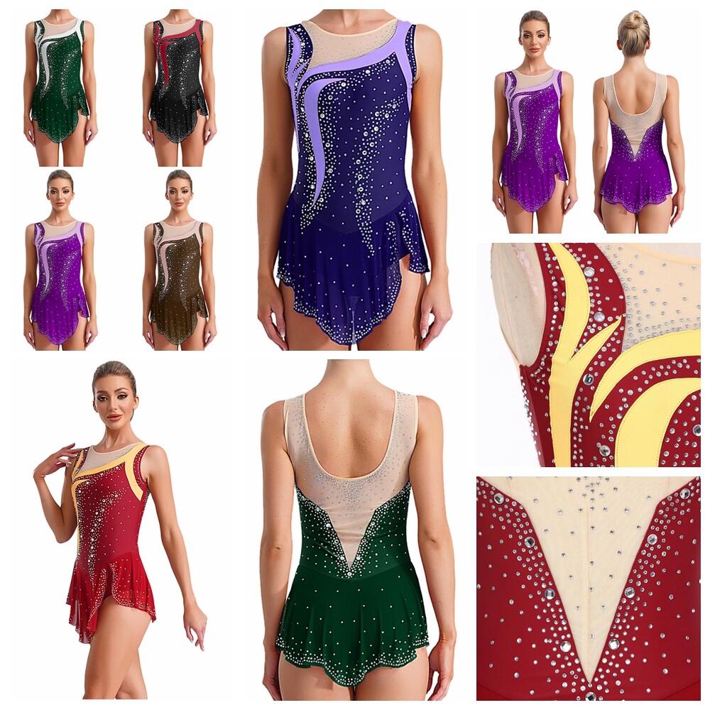Women Rompers Lyrical Leotard Rhinestone Bodysuit Splice Unitard Gymnastic Mesh