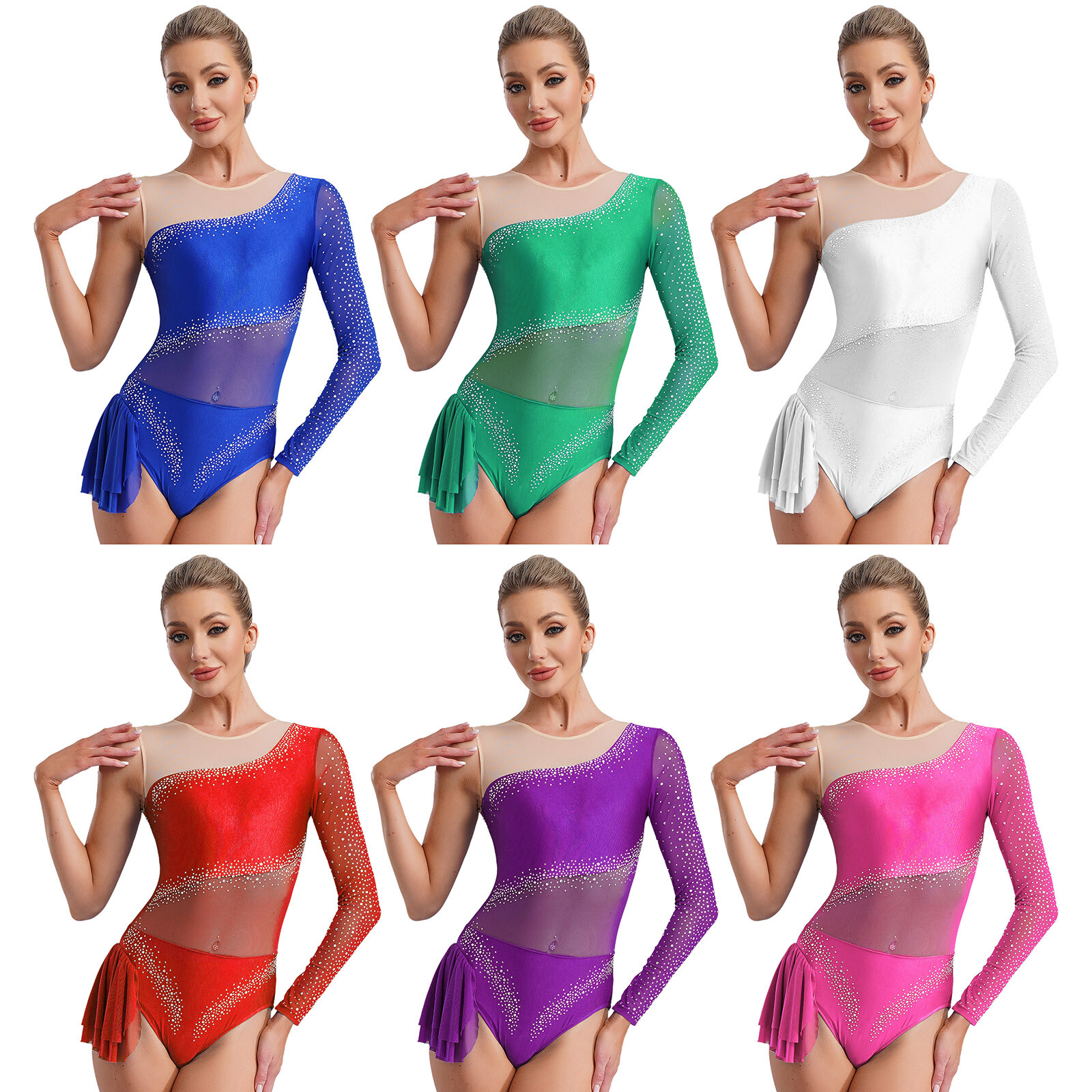 Women Bodysuit Tumbling Leotard Sparkle Costume Long Sleeve Dancewear Latin Top