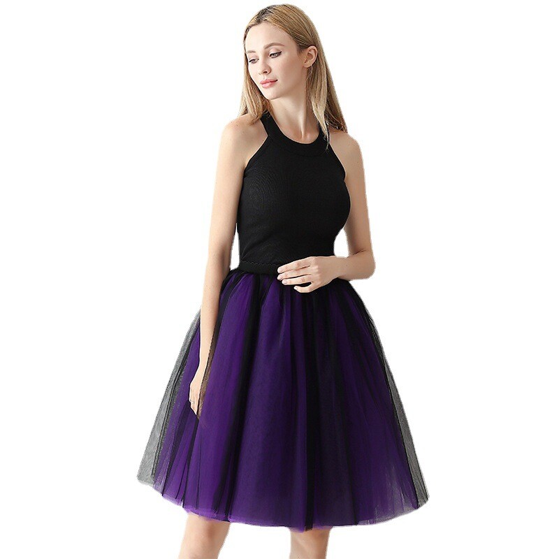 Women Dance Skirt Tutu Pleated Mesh Tulle Midi Knee Length 7 Layers Party