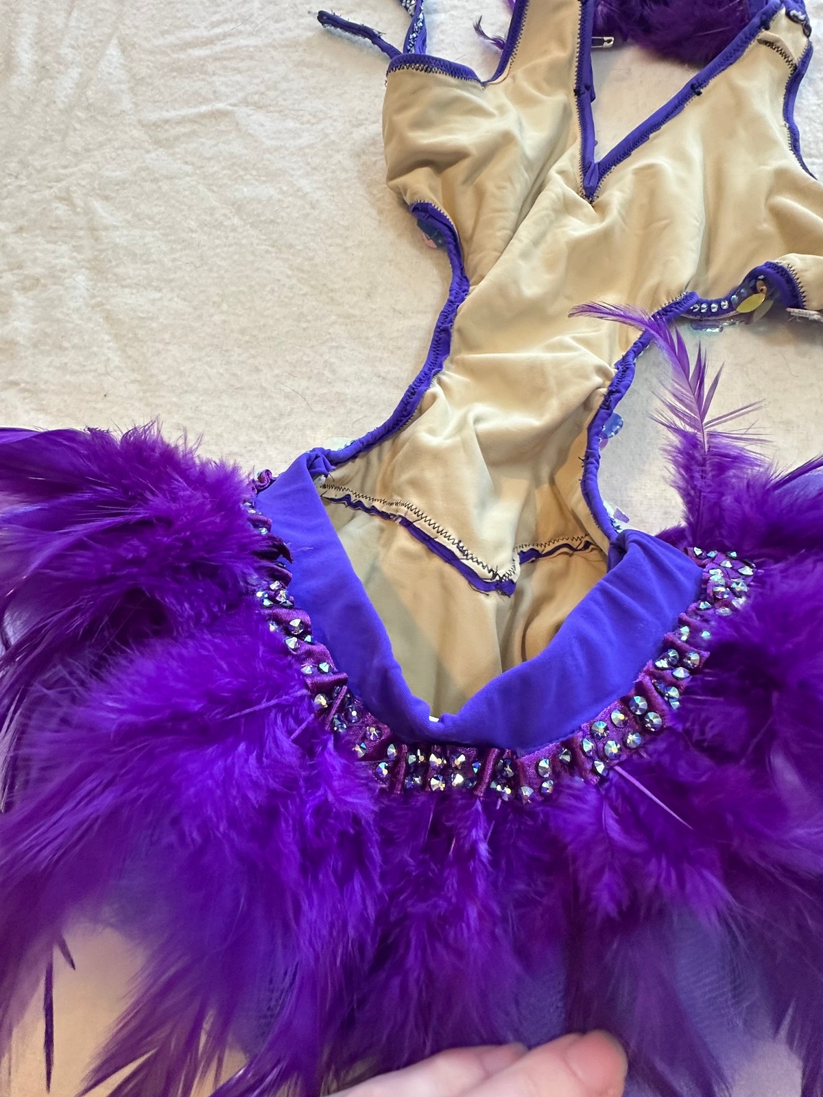 Burlesque Women’s Purple Sequin Feather Leotard Dance Performance Costume XS/S