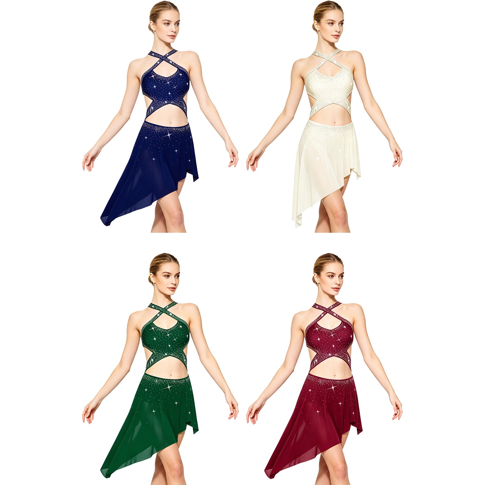 Women Leotard Cutout Waist Dance Dress Built-in Briefs Dance Costume Ivory