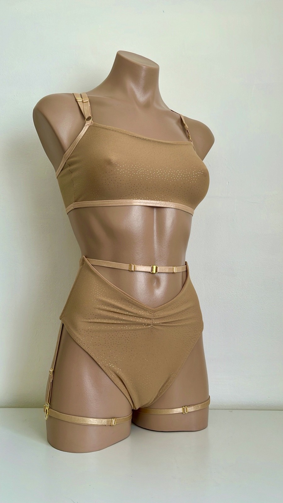 Schminke 👄 pole dance wear sheer nude gold mesh crop top & bottoms high waist